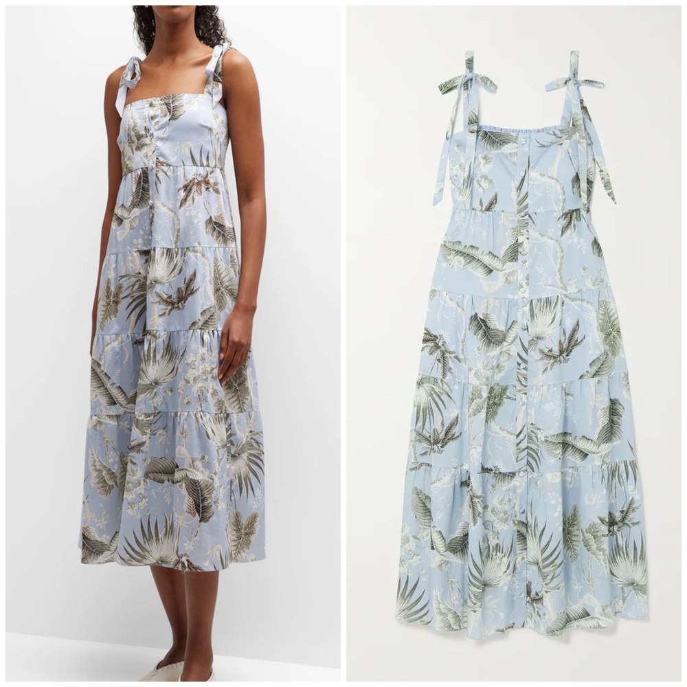 Erdem Georgiana Cotton Poplin Silk Blend Strappy Tiered Midi Dress in Palm Blue